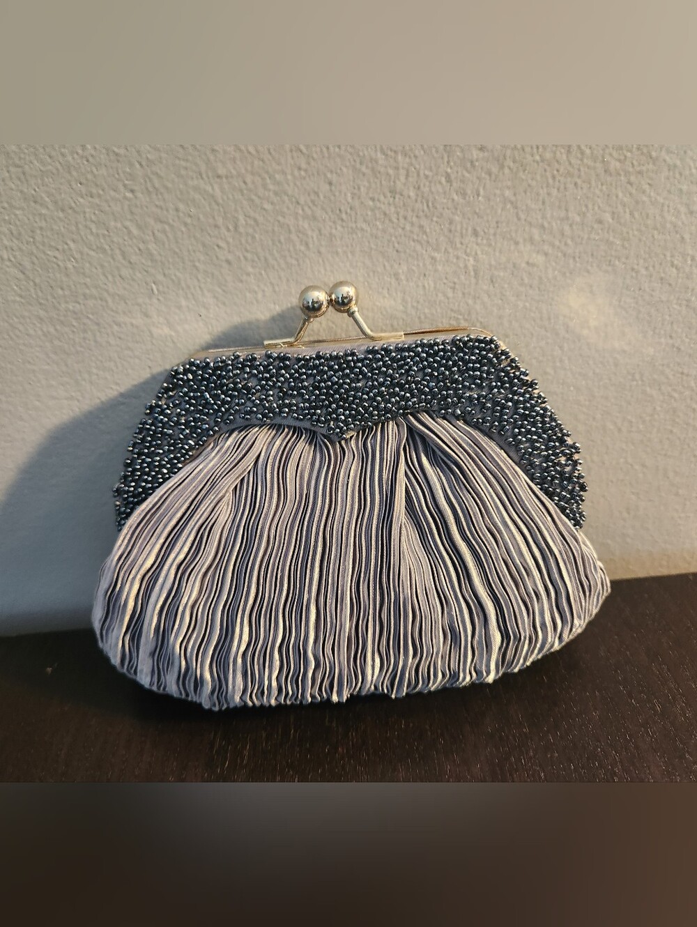 Elegant Beaded Pewter and Silver Evening Clutch. Excellent Condition